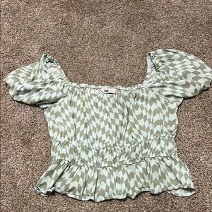 SO Green and White Smocked Puff Sleeve Blouse